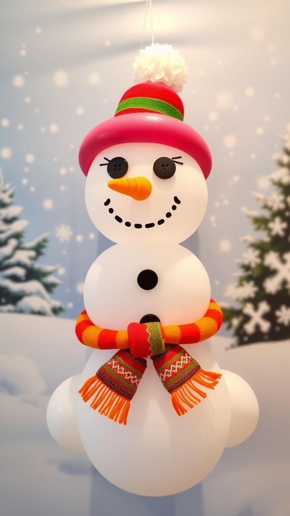 A festive snowman decoration made from balloons with a scarf and hat, set against a snowy background.